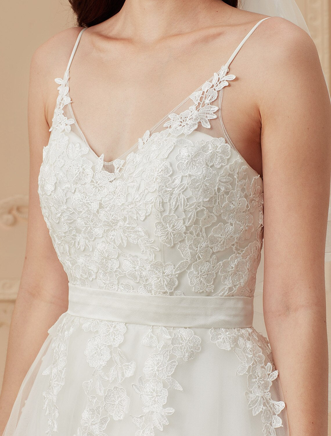 Ball Gown Wedding Dresses V Neck Sweep / Brush Train Satin Tulle Over Lace Spaghetti Strap Romantic Illusion Detail Backless