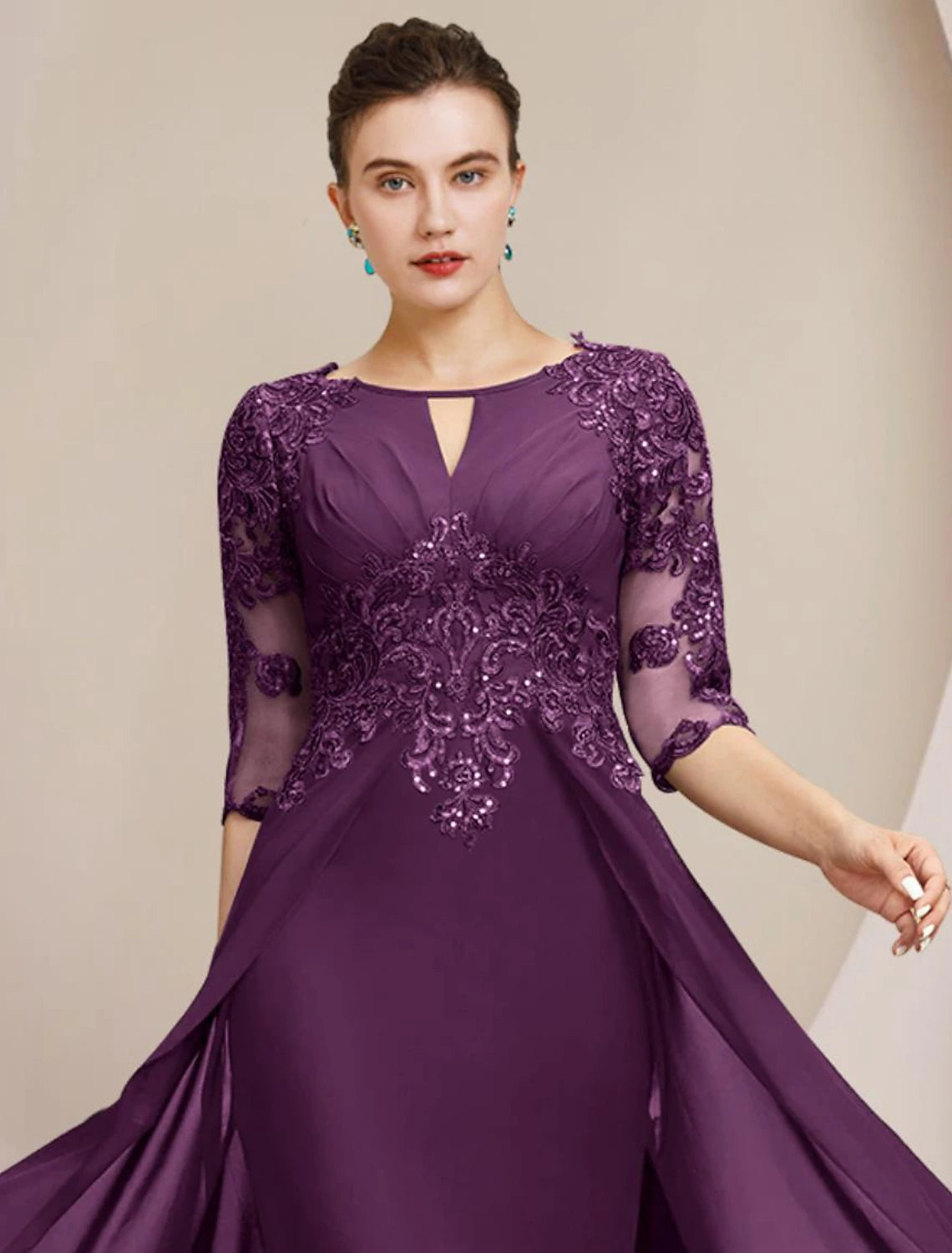 Sheath / Column Mother of the Bride Dress Formal Wedding Guest Elegant Scoop Neck Floor Length Chiffon Lace Half Sleeve with Sequin