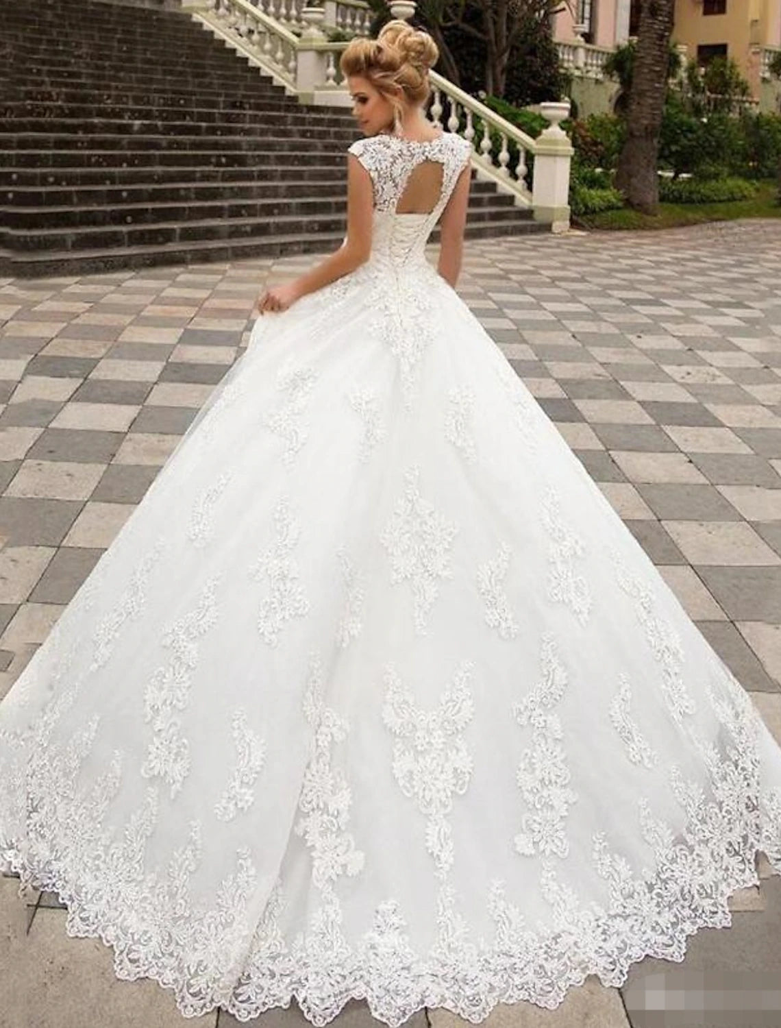 Engagement Open Back Formal Wedding Dresses Ball Gown Illusion Neck Cap Sleeve Sweep / Brush Train Lace Bridal Gowns