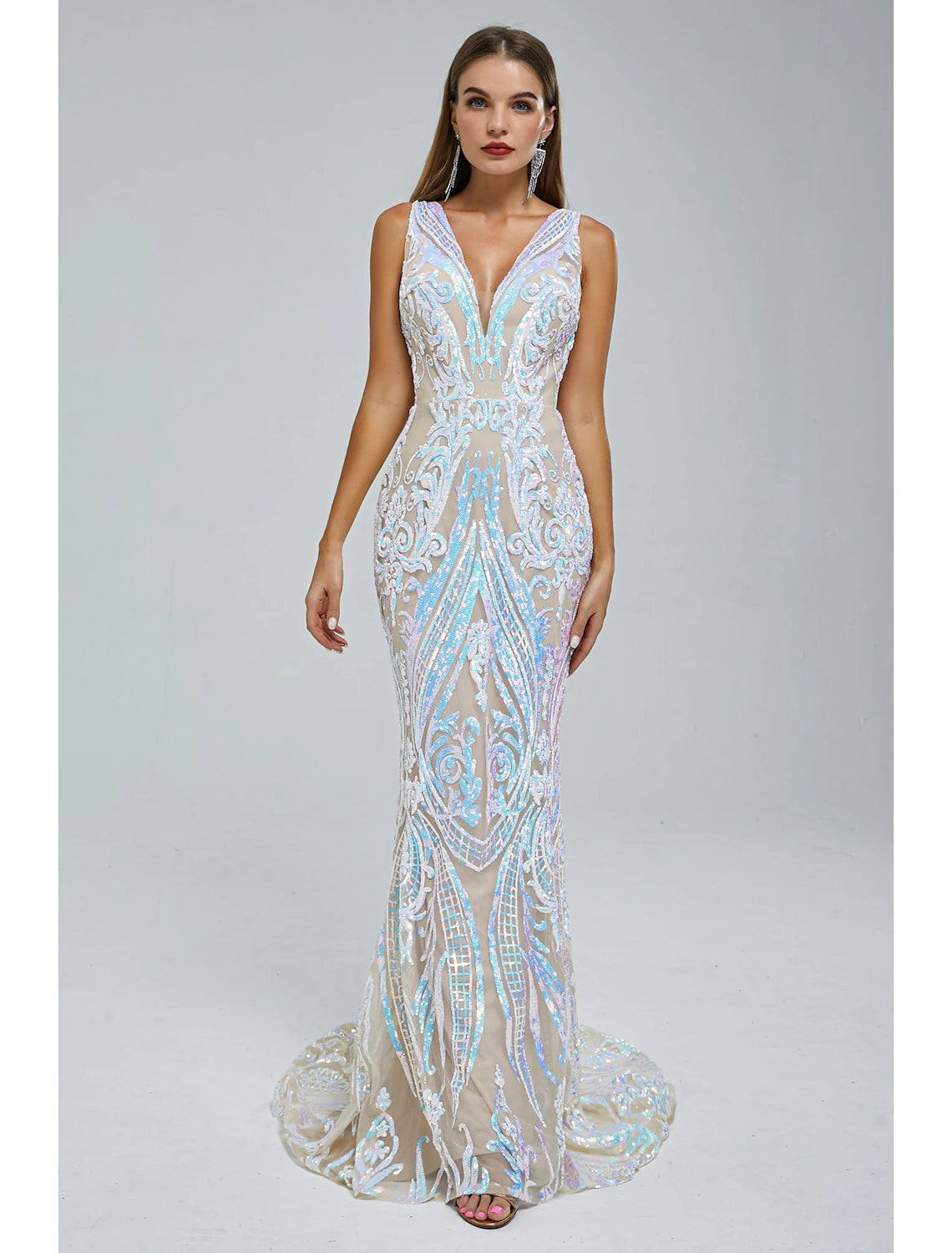 Mermaid / Trumpet Evening Gown Sparkle & Shine Dress Wedding Guest Engagement Court Train Sleeveless V Neck Sequined