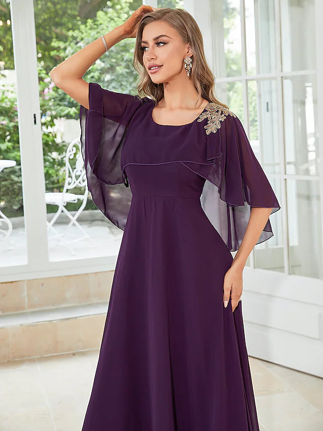 A-Line Wedding Guest Dresses Elegant Dress Party Wear Floor Length Half Sleeve Jewel Neck Chiffon