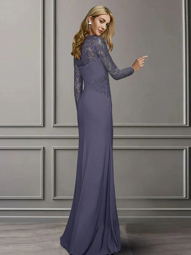 Sheath / Column Mother of the Bride Dress Elegant Square Neck Sweep / Brush Train Chiffon Lace Long Sleeve
