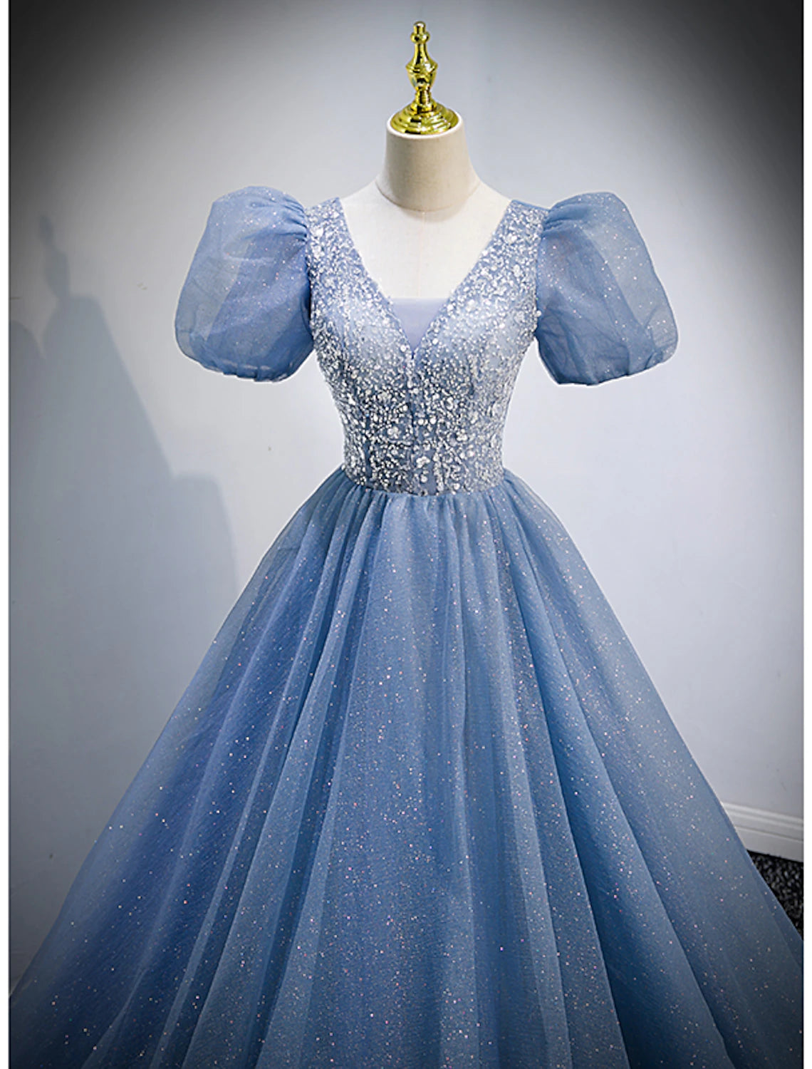 A-Line Prom Dresses Puffy Dress Wedding Guest Quinceanera Floor Length Short Sleeve V Neck Tulle