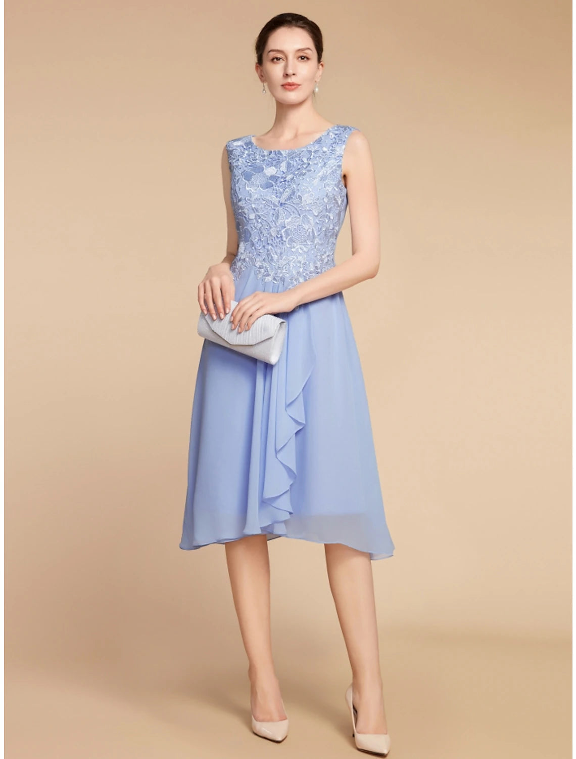 Two Piece Sheath / Column Mother of the Bride Dress Wedding Guest Elegant Petite Scoop Neck Knee Length Chiffon Lace Half Sleeve with Ruching