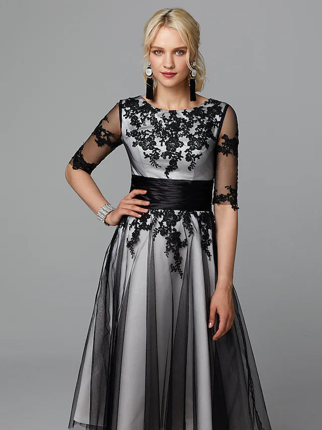 A-Line Vintage Dress Wedding Guest Tea Length Half Sleeve Jewel Neck Lace with Sash / Ribbon