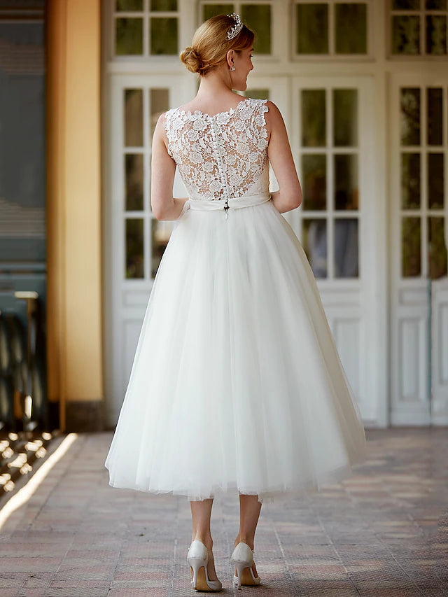 Little White Dresses Wedding Dresses Tea Length A-Line Sleeveless Illusion Neck Lace With Sashes / Ribbons