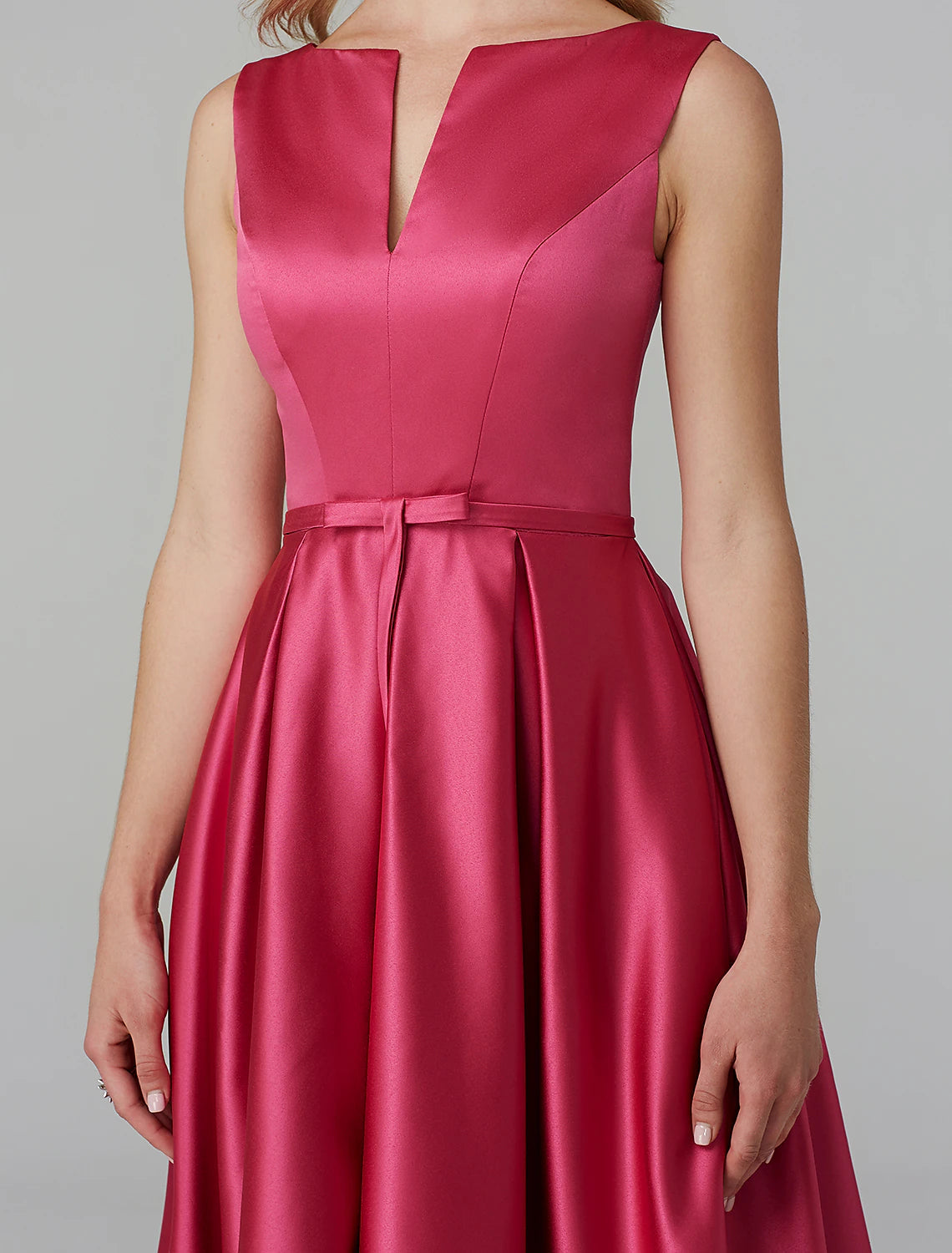 A-Line Party Dress Wedding Guest Knee Length Sleeveless V Wire Barbiecore Satin with Sash