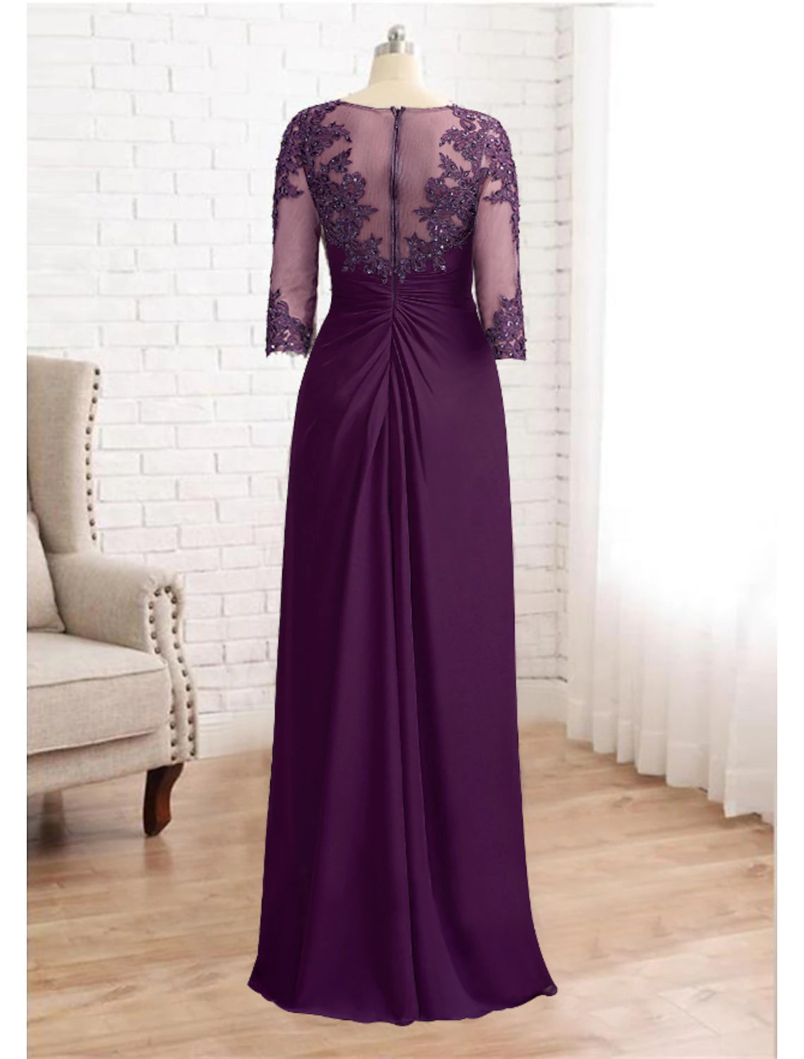Sheath / Column Mother of the Bride Dress Formal Fall Wedding Guest Elegant Sequin Scoop Neck Floor Length Chiffon Lace 3/4 Sleeve with Appliques Sparkle