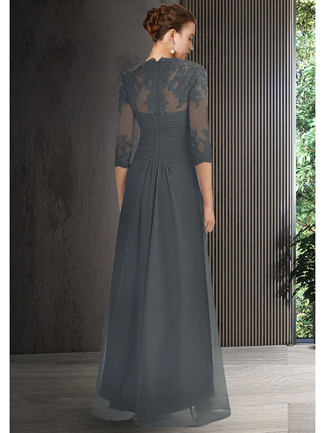 Two Piece Sheath / Column Mother of the Bride Dress Elegant High Low Bateau Neck Asymmetrical Chiffon Lace 3/4 Length Sleeve Jacket Dresses with Draping Crystal