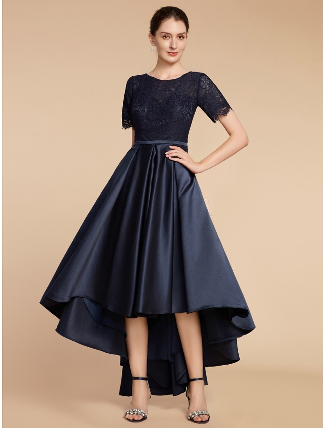 A-Line Mother of the Bride Dress Wedding Guest Elegant Jewel Neck Asymmetrical Satin Lace Short Sleeve with Ruching