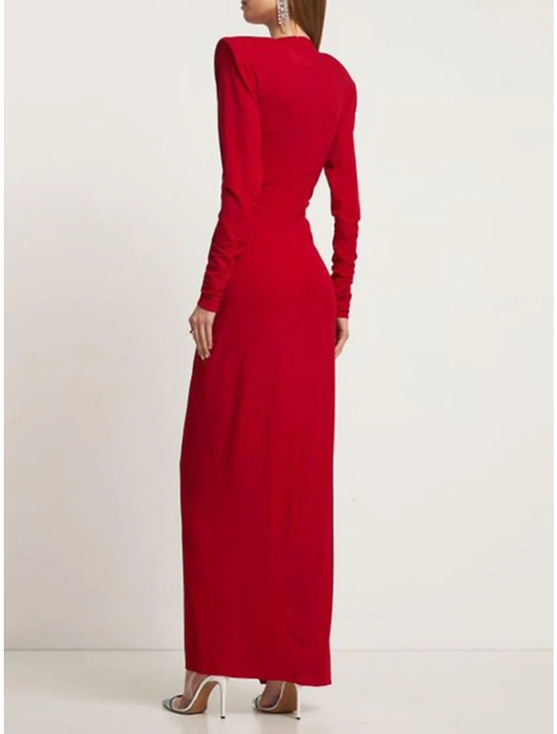 Sheath / Column Evening Gown Elegant Dress Formal Ankle Length Christmas Red Green Dress Long Sleeve V Neck Stretch Chiffon