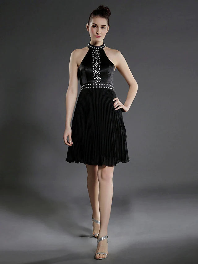 Ball Gown Little Black Dress Dress Holiday Knee Length Sleeveless High Neck Chiffon with Pleats