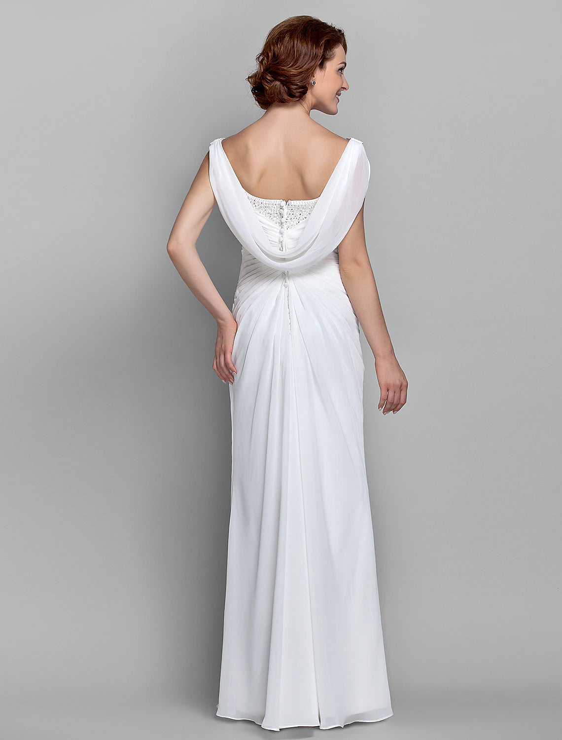 Sheath / Column Mother of the Bride Dress Fall Wedding Guest Dresses Vintage Inspired Cowl Neck Floor Length Chiffon Sleeveless with Buttons Criss Cross