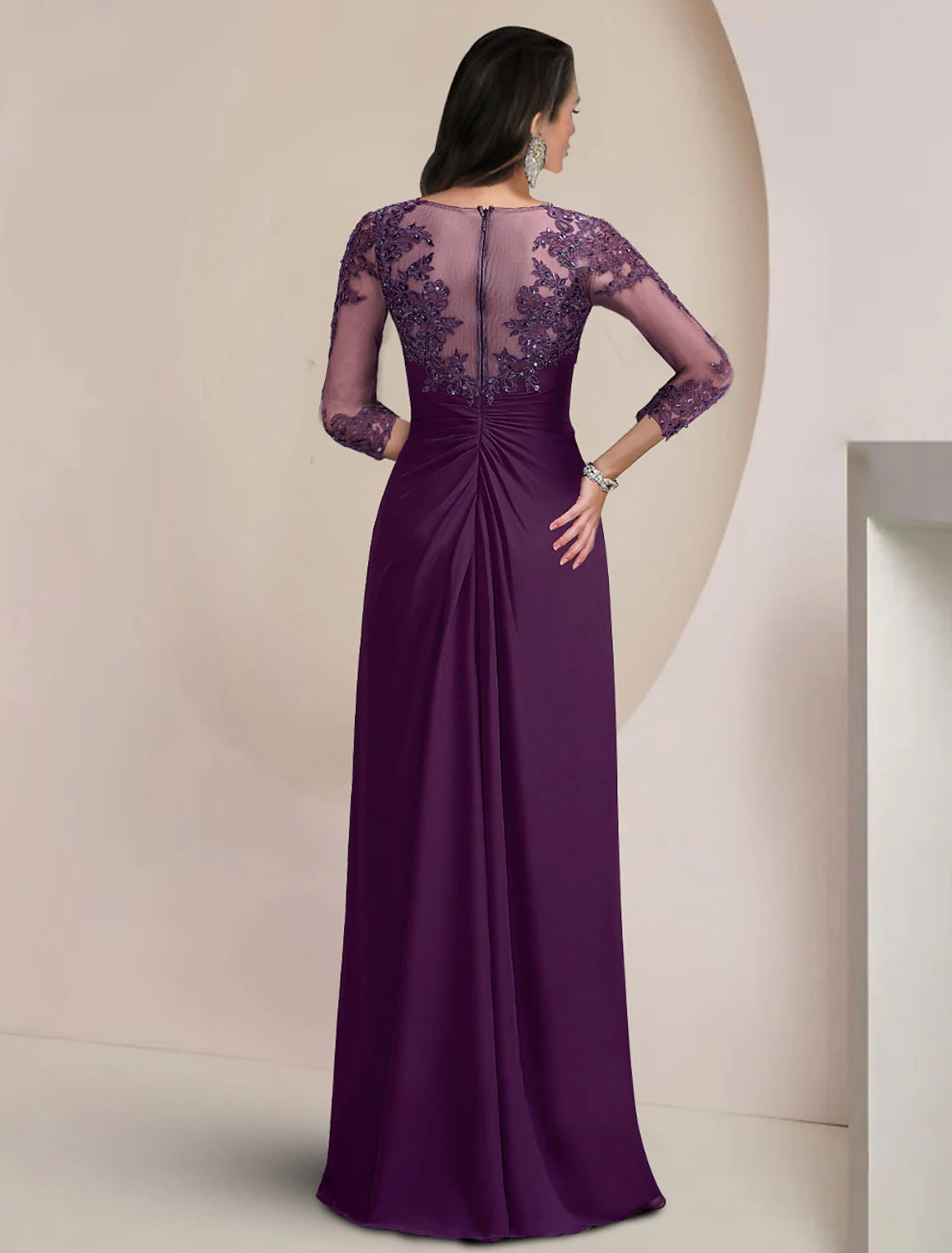 Sheath / Column Mother of the Bride Dress Formal Fall Wedding Guest Elegant Sequin Scoop Neck Floor Length Chiffon Lace 3/4 Sleeve with Appliques Sparkle