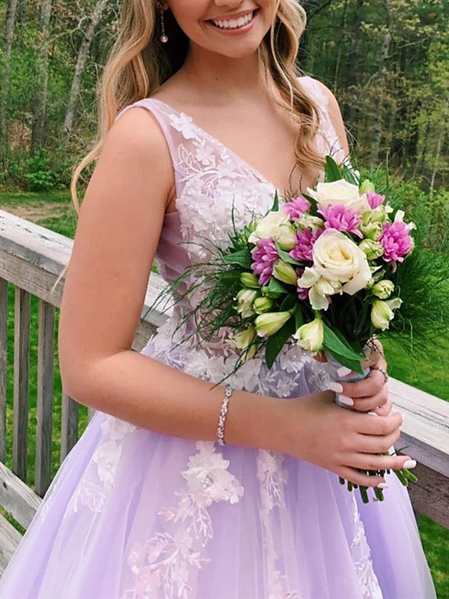 Ball Gown A-Line Prom Dresses Color Block Dress Formal Floor Length Sleeveless V Neck Tulle Backless V Back with Beading