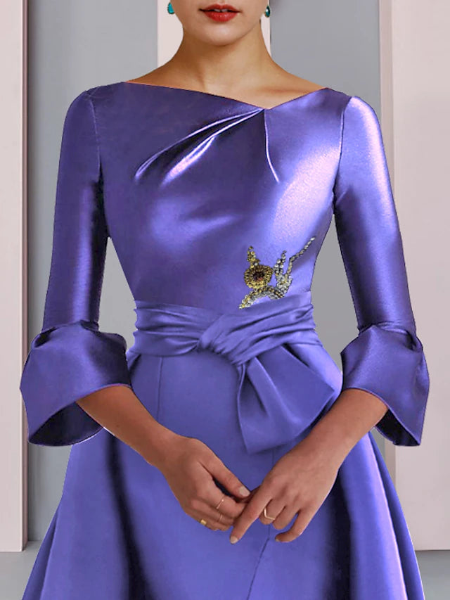 A-Line Mother of the Bride Dress Formal Party Elegant Scoop Neck Floor Length Satin 3/4 Length Sleeve