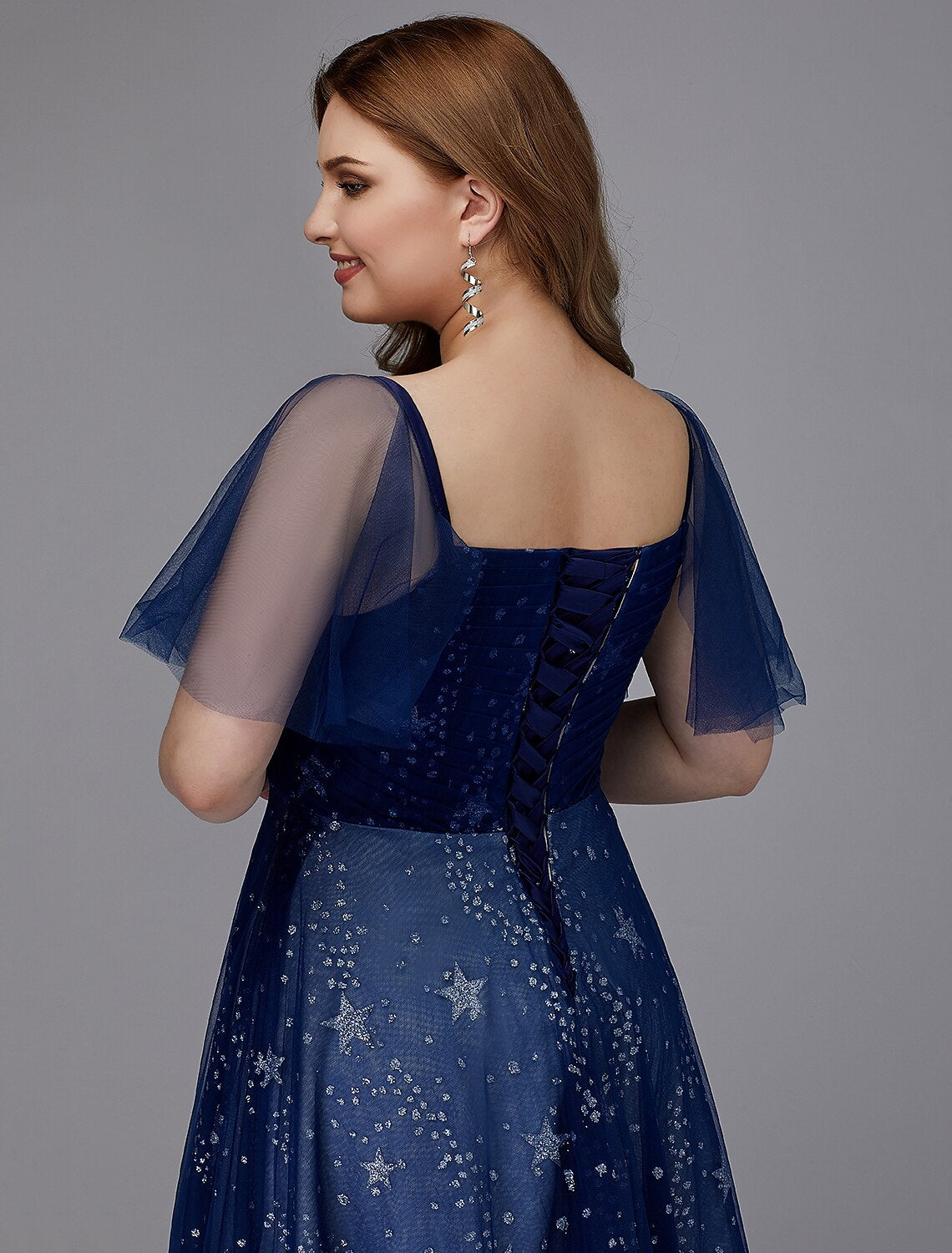 A-Line Plus Size Dress Wedding Guest Prom Floor Length Short Sleeve Sweetheart Tulle Lace-up with Beading Pattern