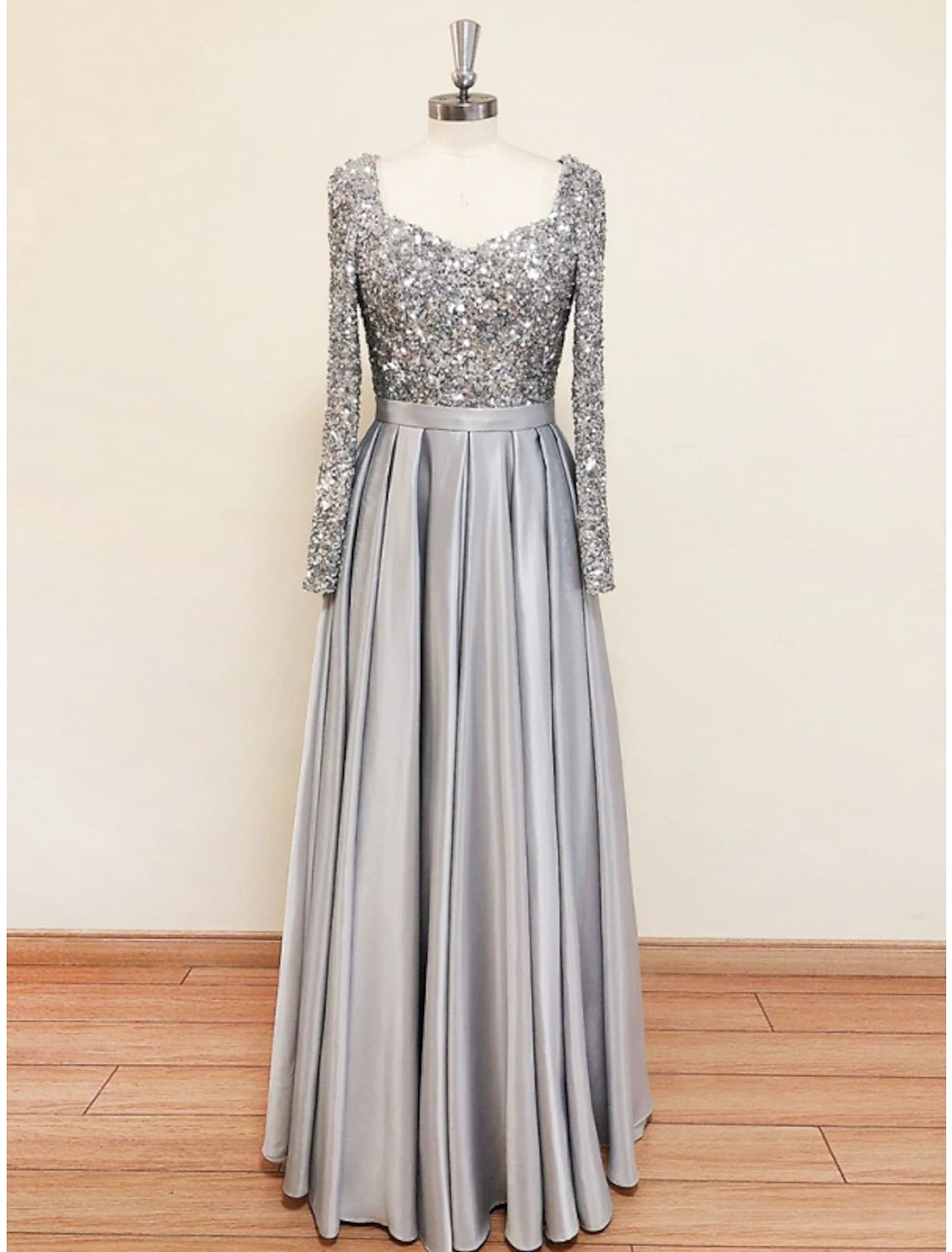 A-Line Evening Gown Elegant Dress Formal Fall Sweep / Brush Train Long Sleeve Square Neck Satin with Glitter