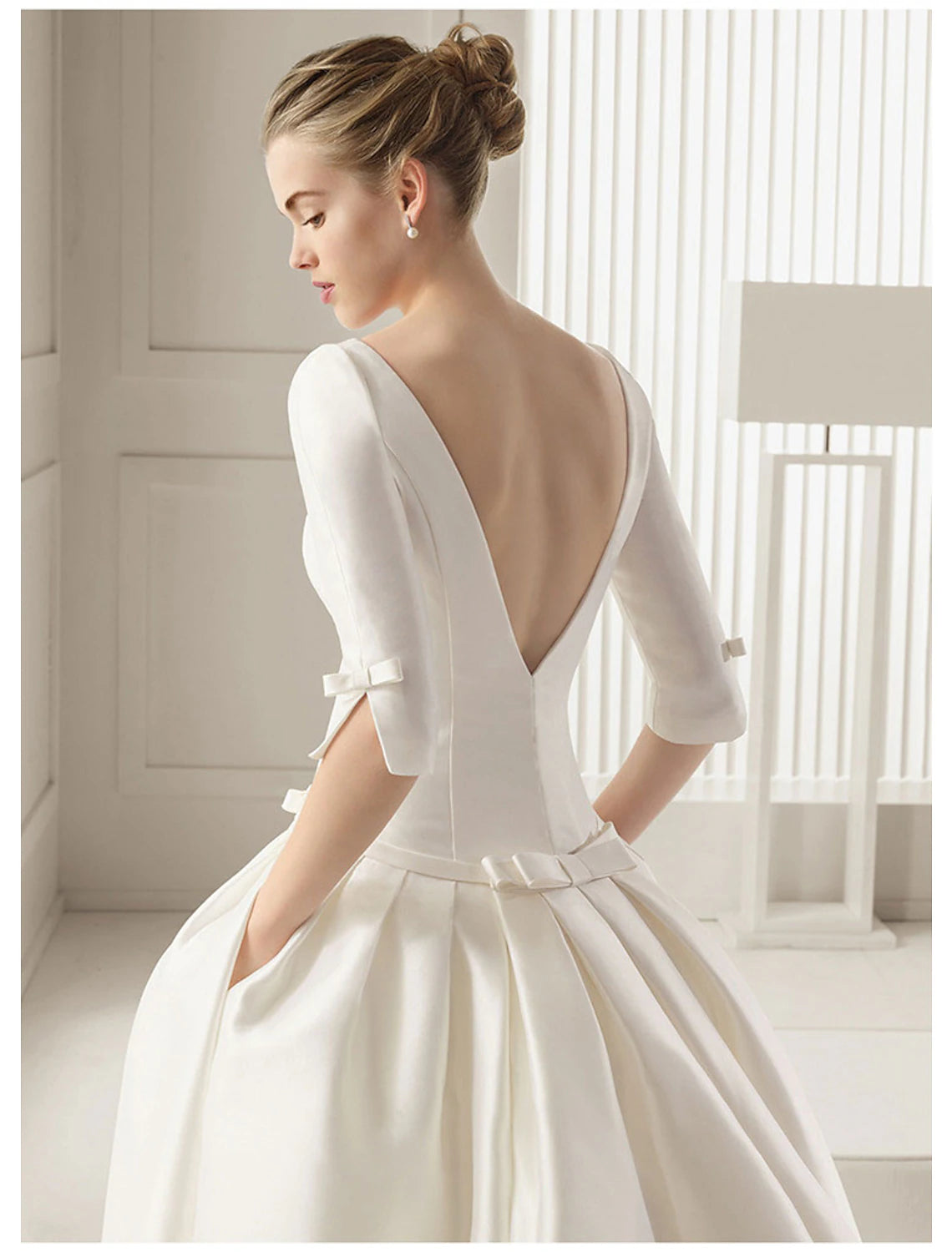 Engagement Formal Wedding Dresses A-Line Scoop Neck Half Sleeve Court Train Satin Bridal Gowns