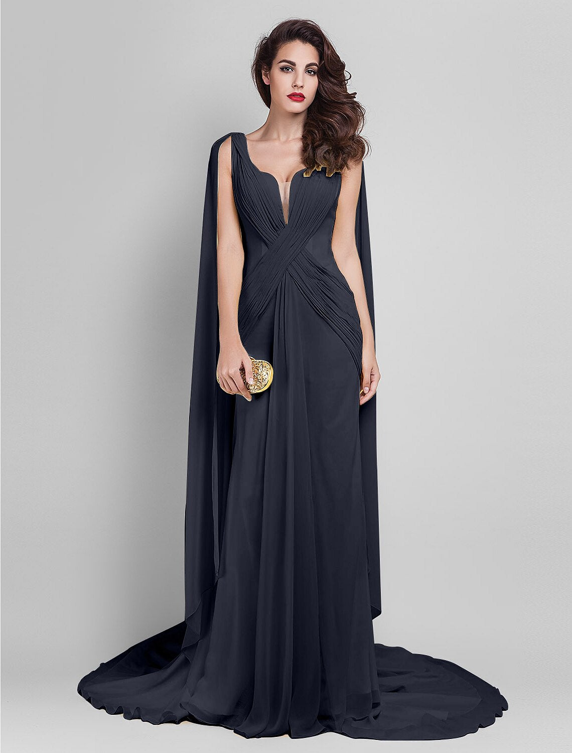 Sheath / Column Elegant Dress Wedding Guest Court Train Sleeveless Plunging Neck Georgette V Back with Criss Cross Side