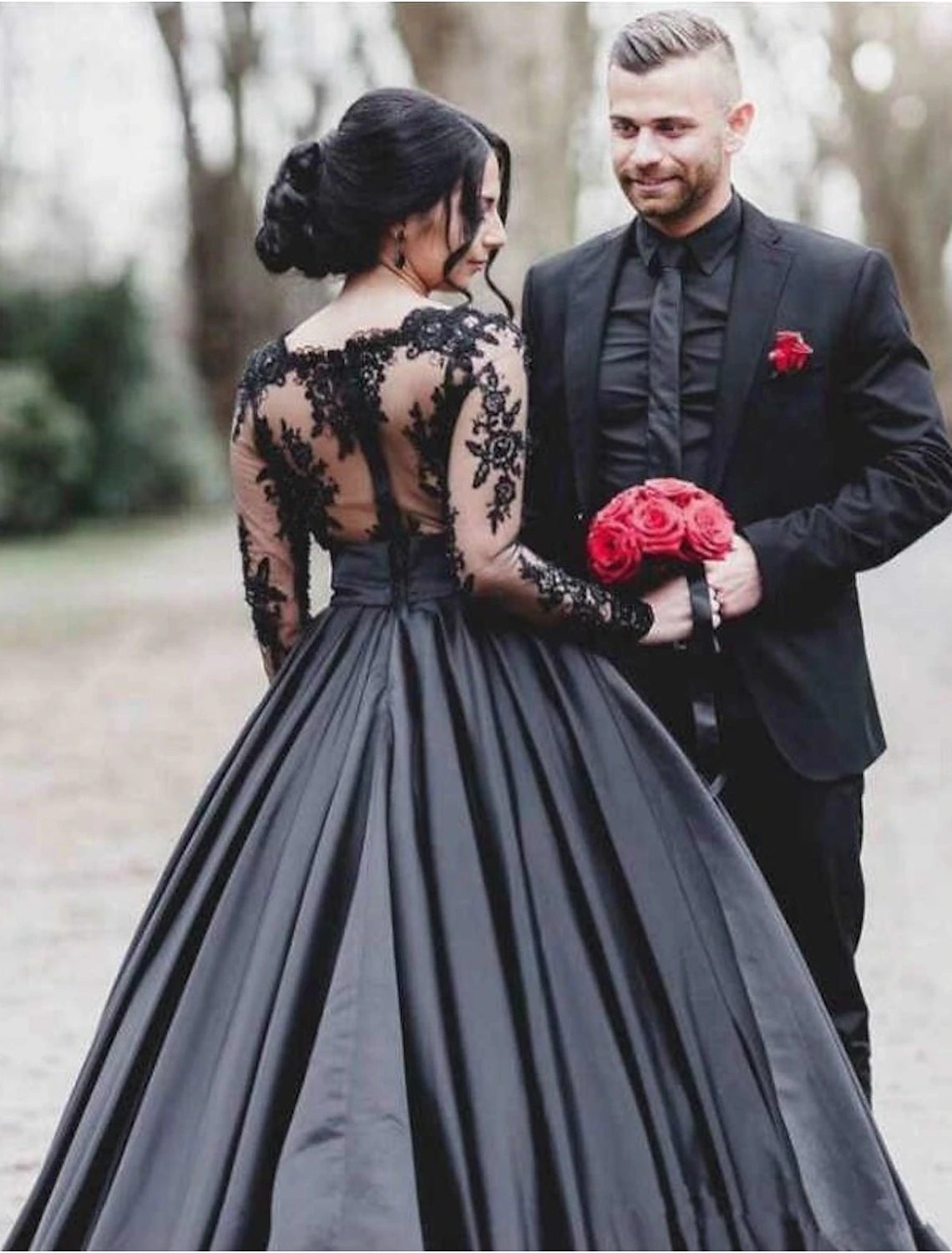 Engagement Gothic Wedding Dresses A-Line Illusion Neck Long Sleeve Floor Length Satin Bridal Gowns With Draping