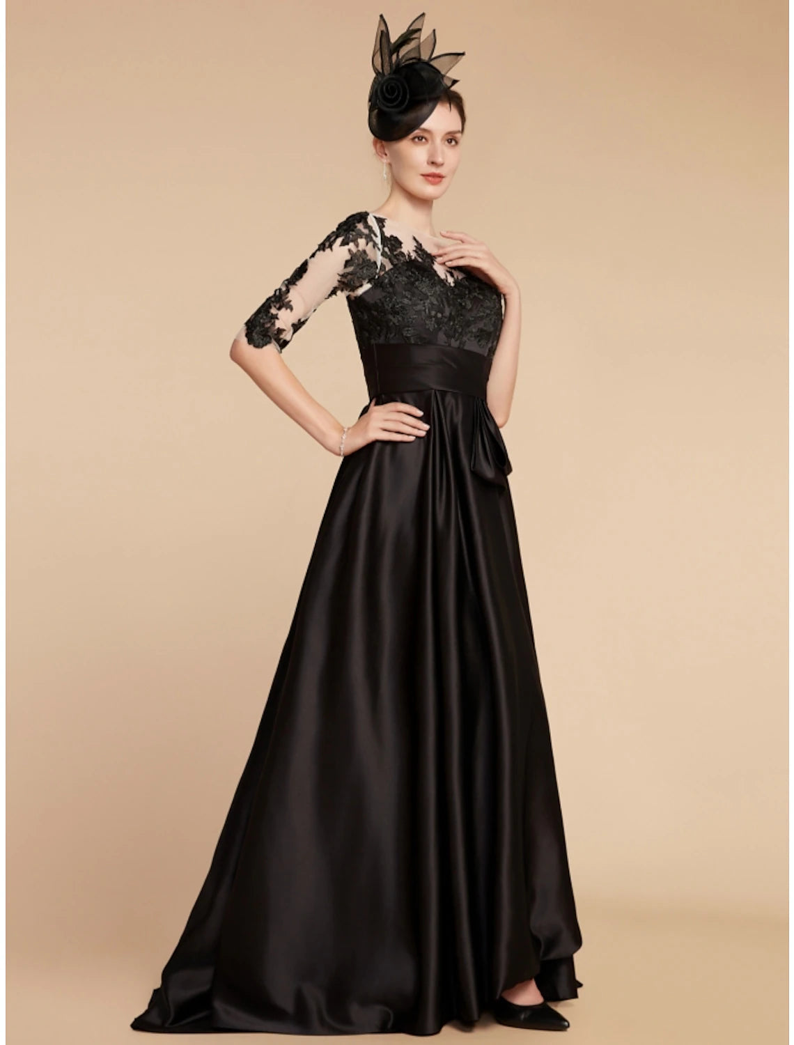 A-Line Mother of the Bride Dress Wedding Guest Elegant Party Jewel Neck Sweep / Brush Train Satin Lace Half Sleeve with Split Front Ruching