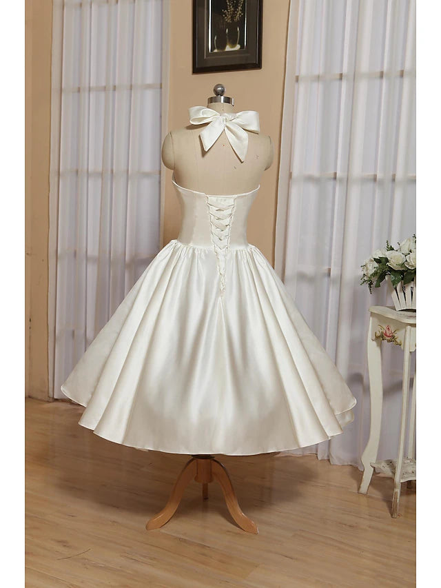 Bridal Shower Little White Dresses Wedding Dresses Tea Length A-Line Sleeveless Halter Satin With Bow(s)