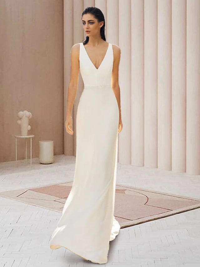 Engagement Open Back Formal Wedding Dresses Court Train Two Piece Long Sleeve V Neck Lace