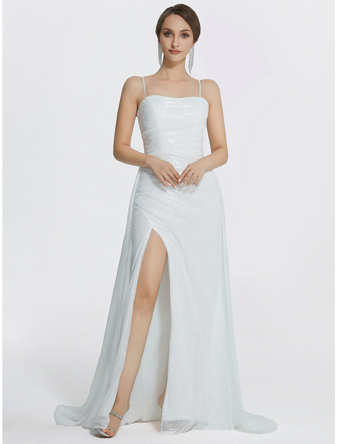 Mermaid / Trumpet Prom Dresses Sparkle Dress Wedding Floor Length Sleeveless Cowl Neck Sequined with Ruched