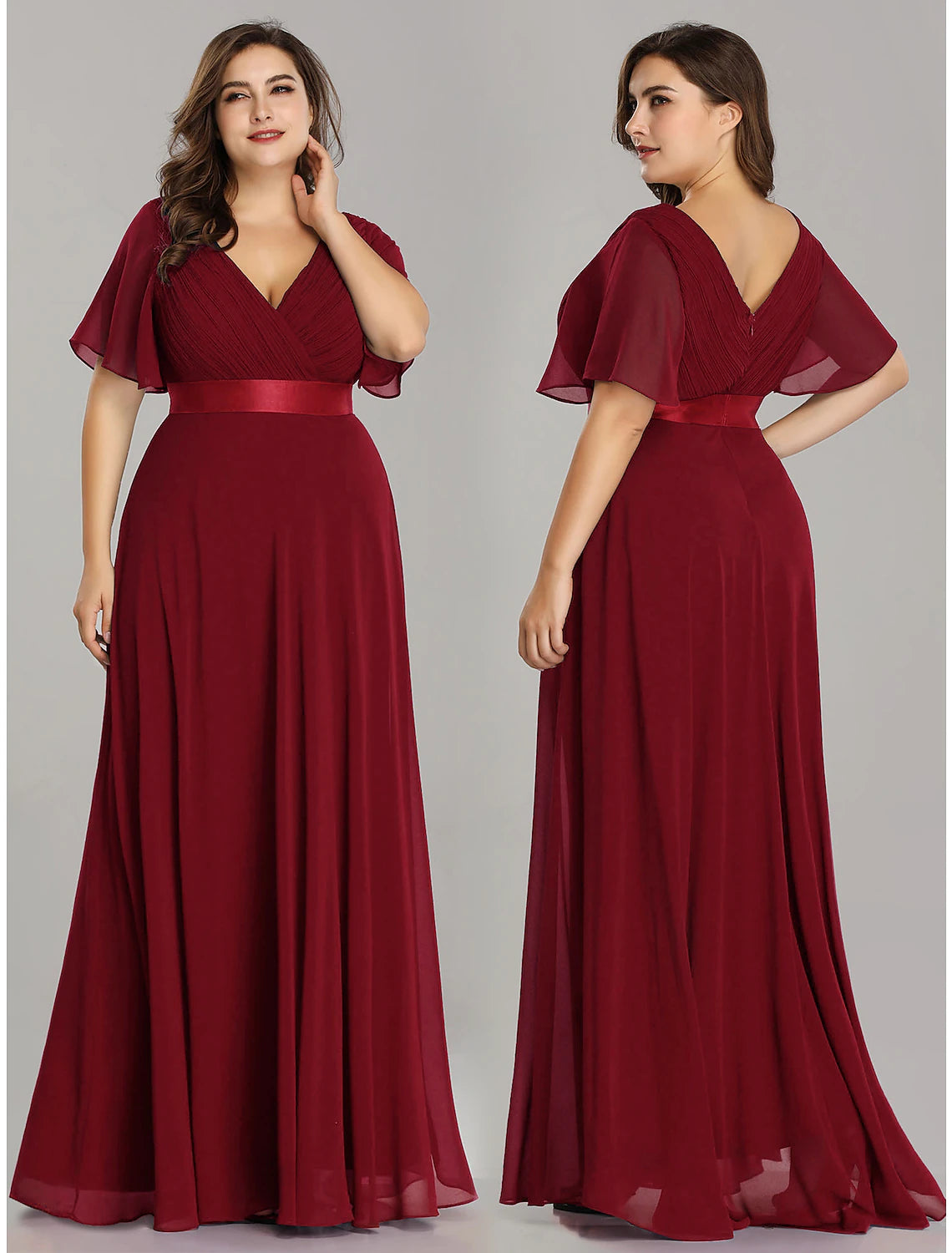 A-Line Empire Fall Wedding Guest Dress For Bridesmaid Plus Size Formal Evening Dress V Neck Short Sleeve Floor Length Chiffon