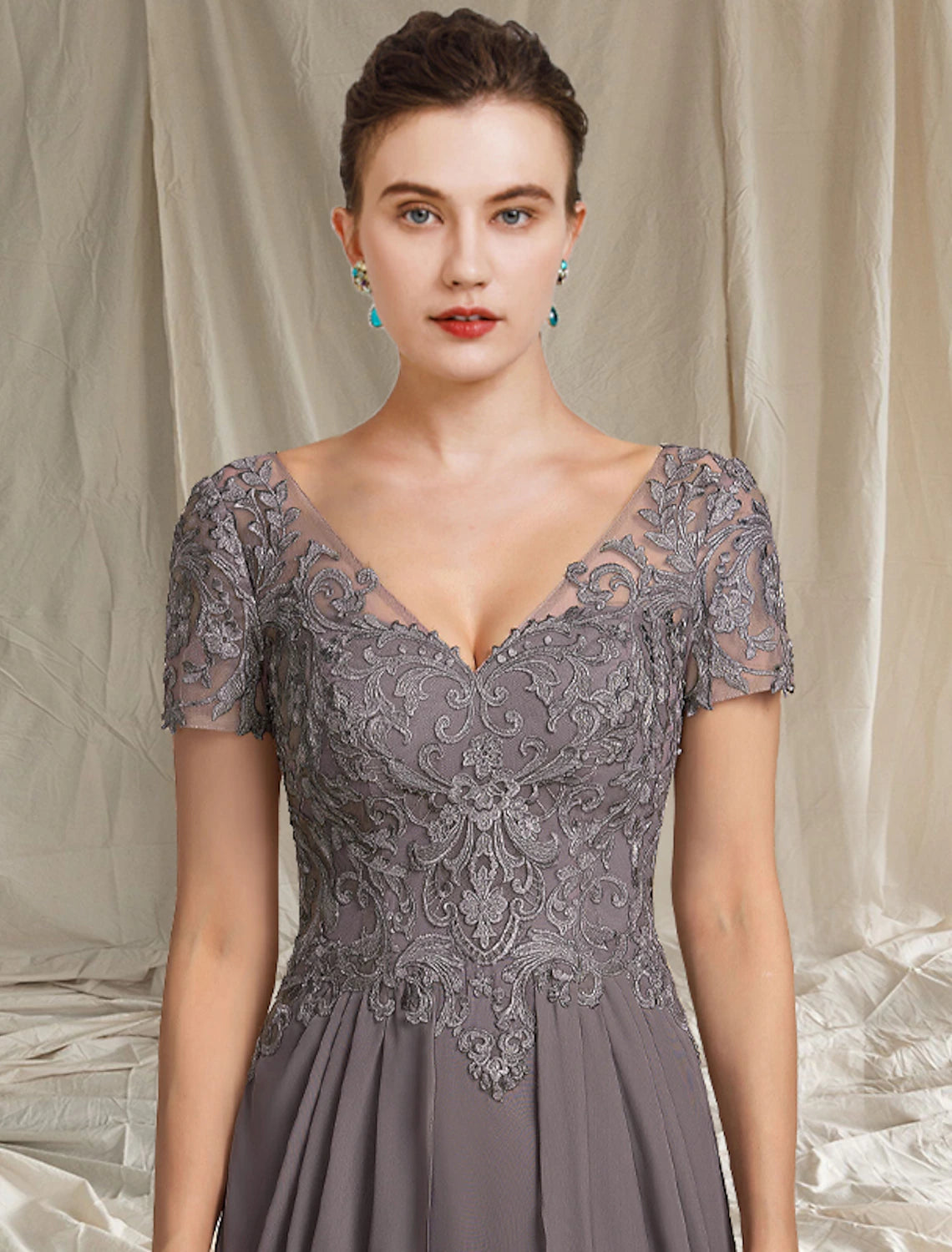 A-Line Mother of the Bride Dress Elegant V Neck Tea Length Chiffon Lace Short Sleeve with Pleats