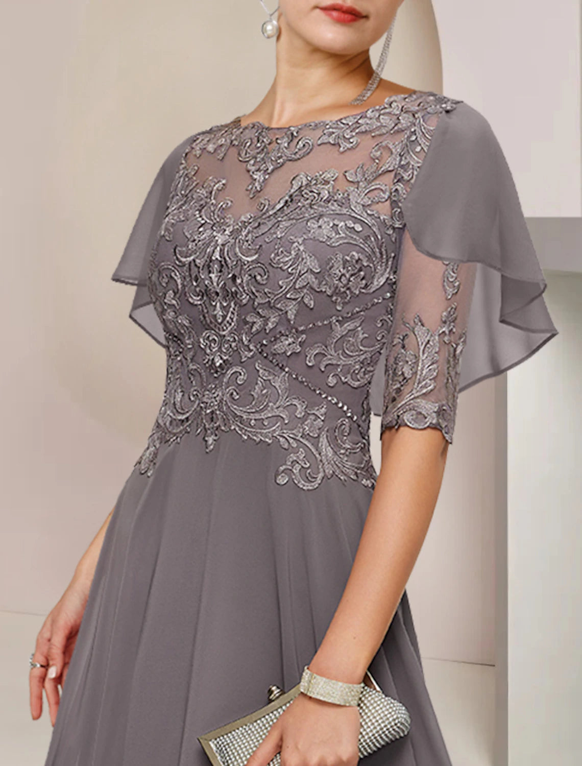 A-Line Mother of the Bride Dress Formal Wedding Guest Elegant Scoop Neck Asymmetrical Tea Length Chiffon Lace Half Sleeve