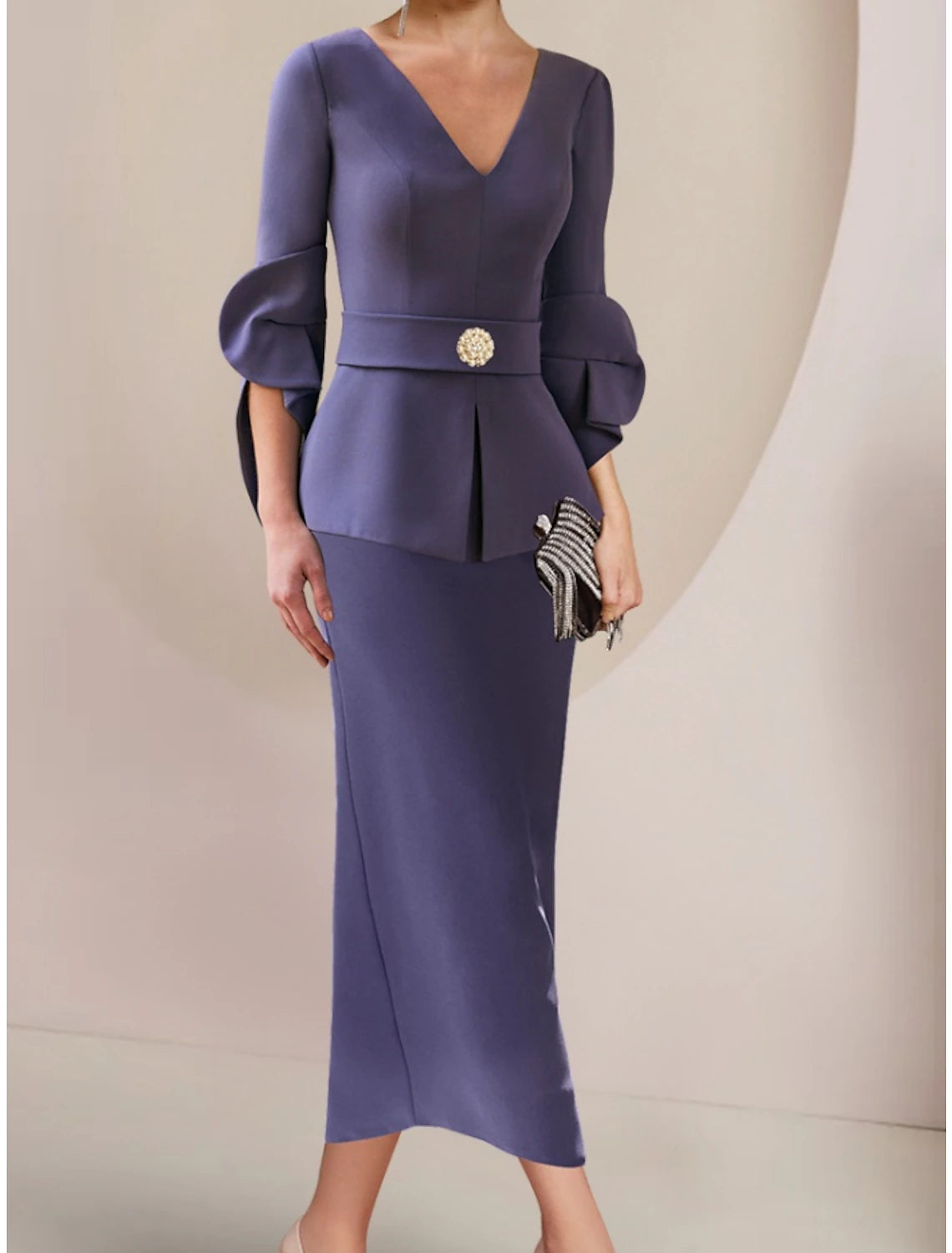 A-Line Mother of the Bride Dress Wedding Guest Elegant V Neck Ankle Length Stretch Fabric Half Sleeve with Crystal