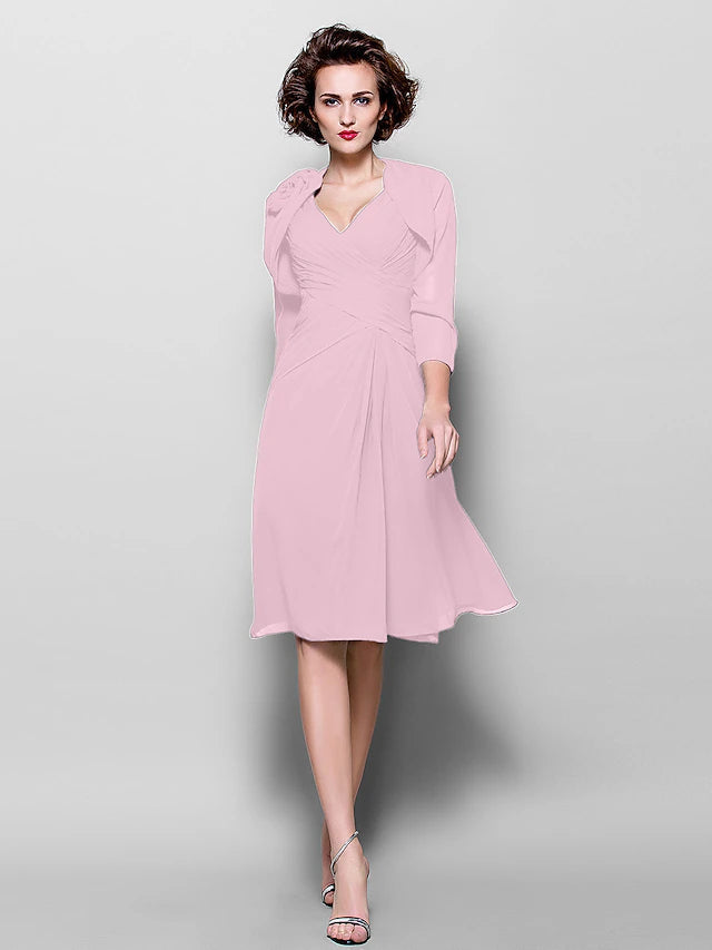 A-Line Mother of the Bride Dress Wrap Included V Neck Knee Length Chiffon 3/4 Length Sleeve with Criss Cross Side Draping
