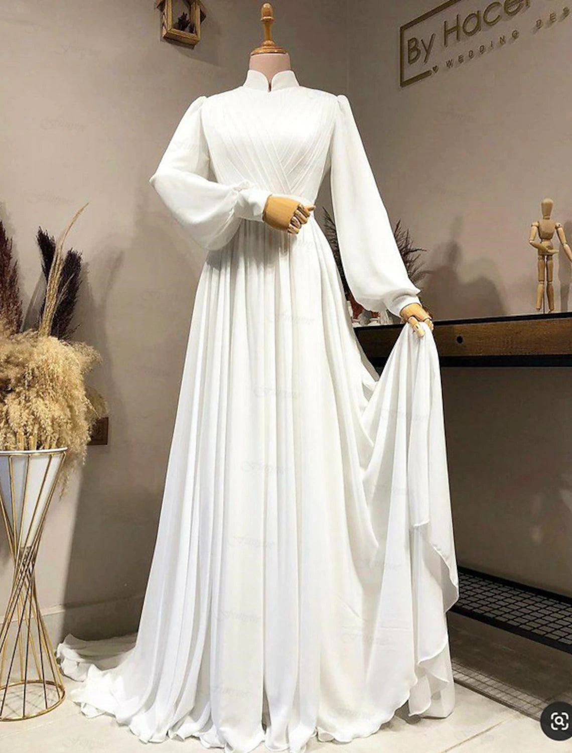 Hall Vintage 1940s / 1950s Casual Fall Wedding Dresses A-Line High Neck Long Sleeve Court Train Chiffon Bridal Gowns With Pleats Solid