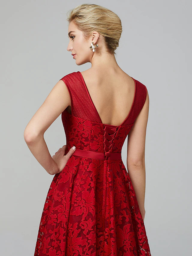 A-Line Elegant Dress Cocktail Party Tea Length Sleeveless Illusion Neck All Over Floral Lace