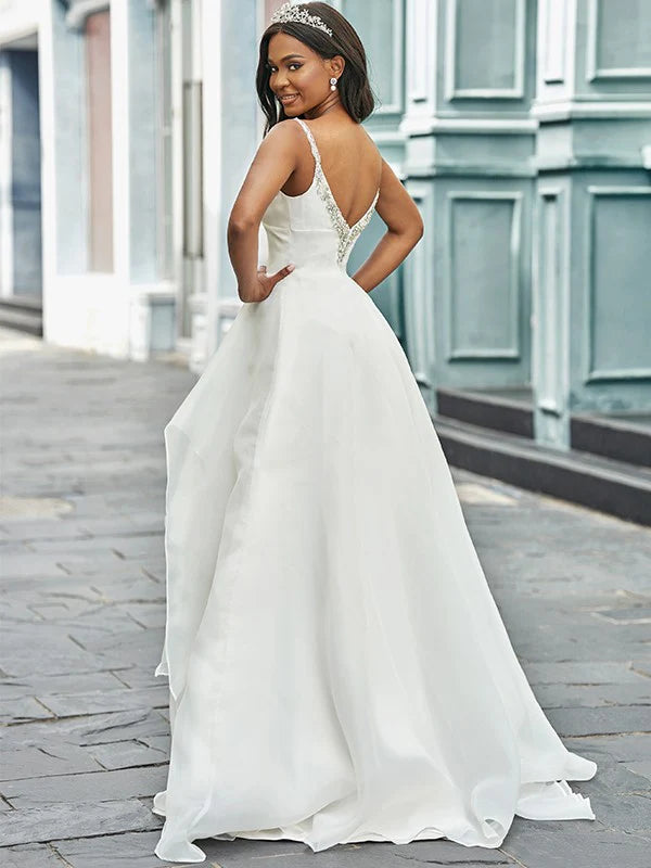 A-Line/Princess V-neck Organza Sleeveless Beading Sweep/Brush Train Wedding Dresses Sexy
