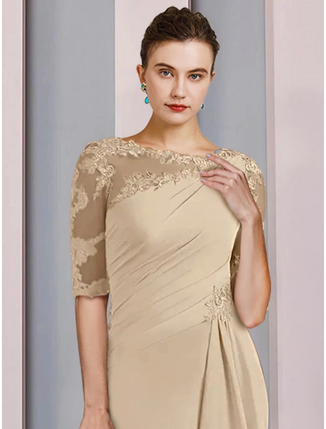 Sheath / Column Mother of the Bride Dress Wedding Guest Elegant Scoop Neck Floor Length Chiffon Half Sleeve with Lace
