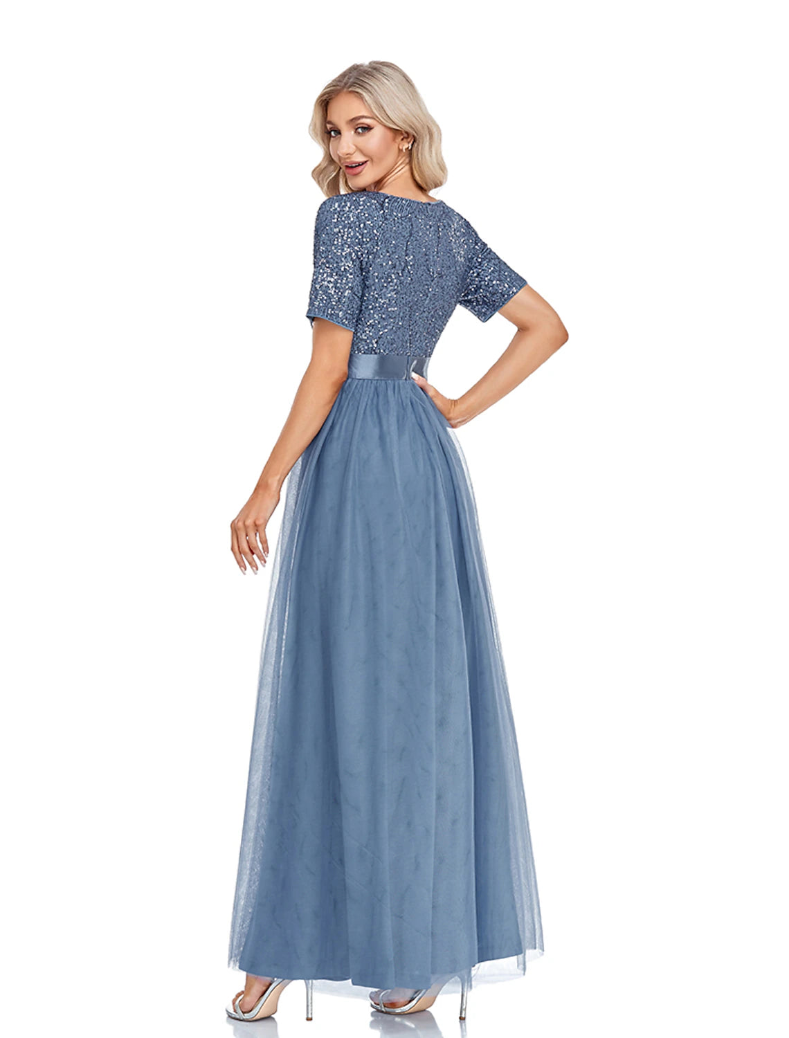 A-Line Evening Gown Elegant Dress Wedding Guest Floor Length Short Sleeve V Neck Tulle with Sequin