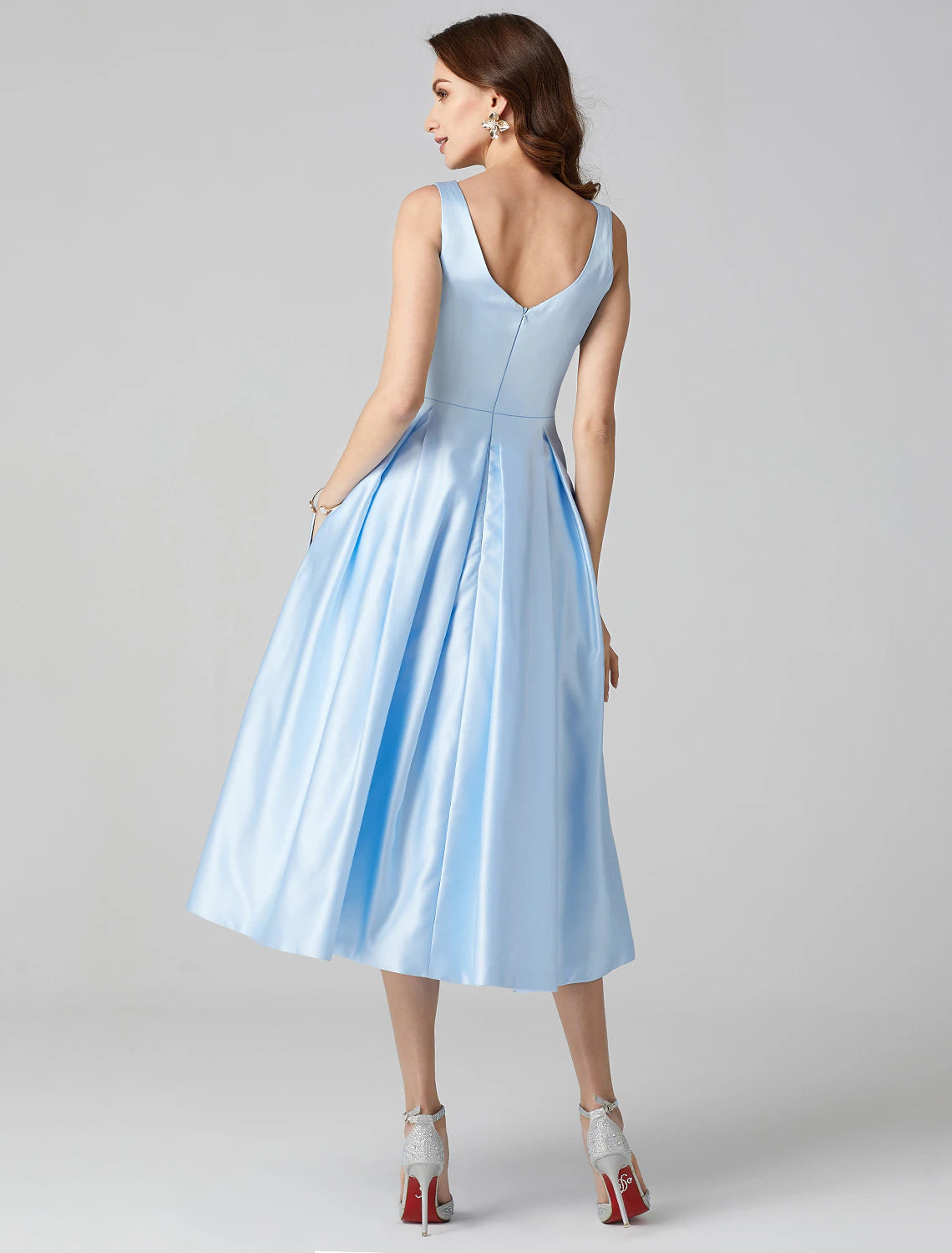 A-Line Cocktail Dresses Party Dress Formal Wedding Guest Tea Length Sleeveless Jewel Neck Pocket Satin with Pleats Flower