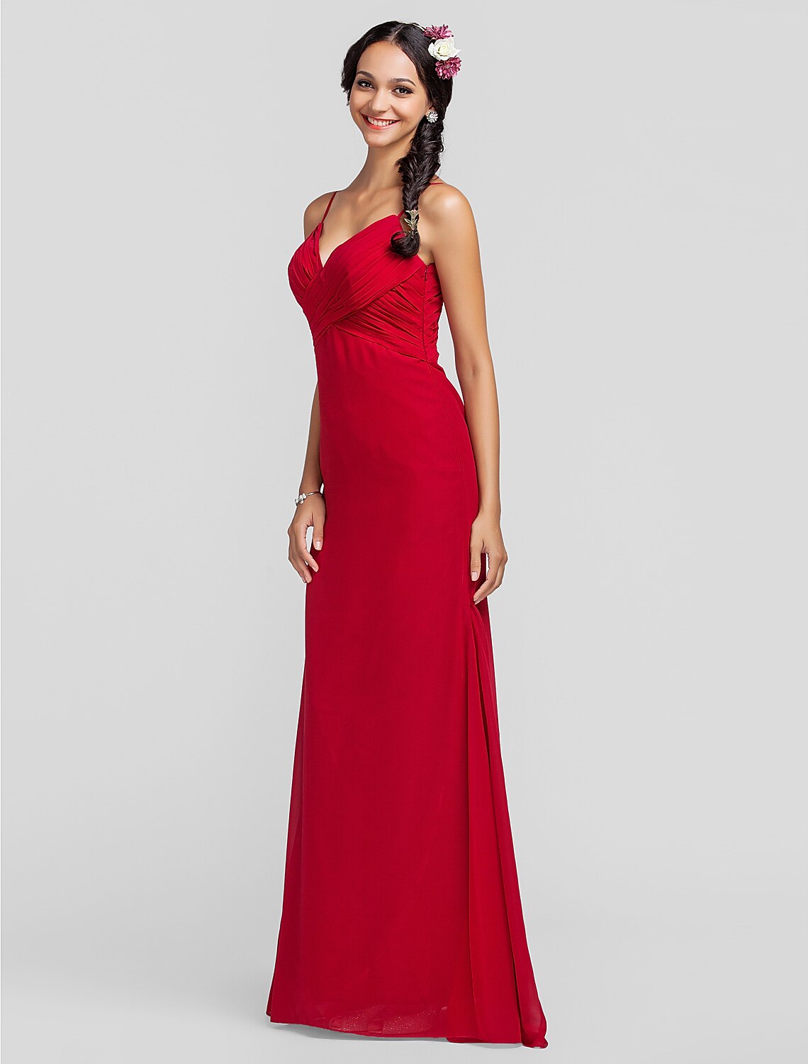 Sheath Spaghetti Strap Floor Length Chiffon Bridesmaid Dress with Criss Cross