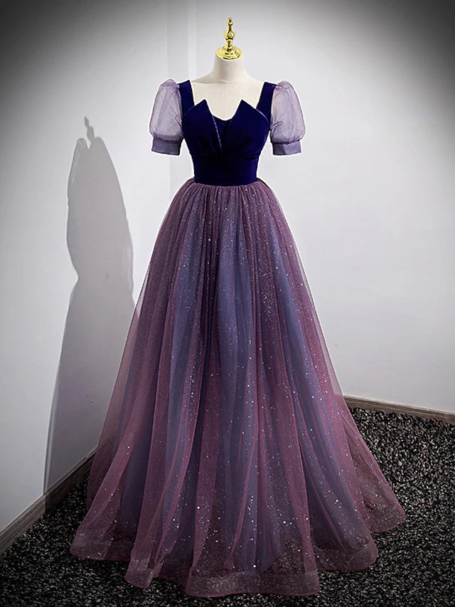 A-Line Prom Dresses Sparkle & Shine Dress Prom Floor Length Short Sleeve Scoop Neck Tulle