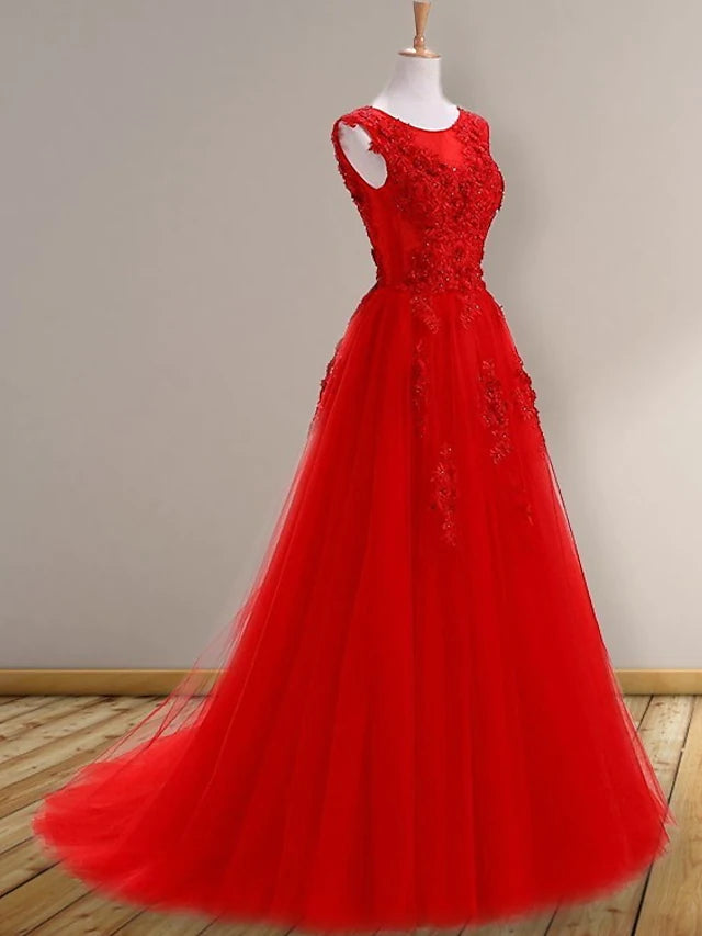 A-Line Prom Dresses Elegant Dress Wedding Guest Sweep / Brush Train Sleeveless Jewel Neck Tulle