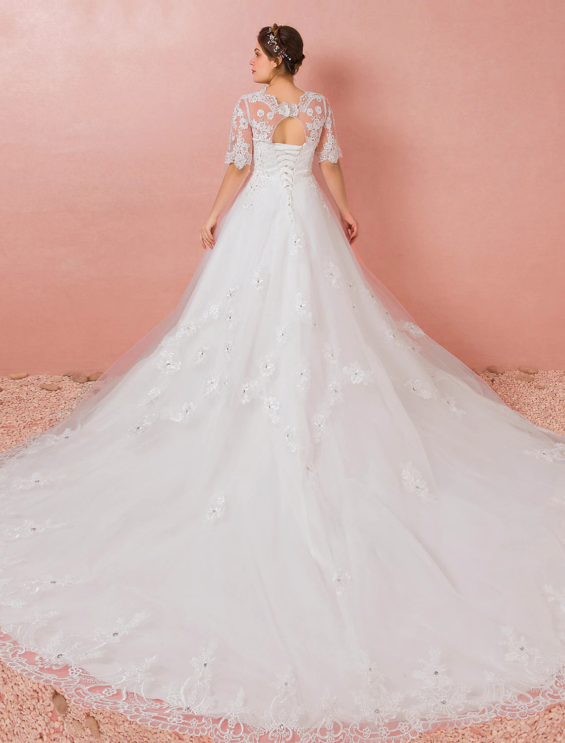 Hall Wedding Dresses A-Line V Neck Half Sleeve Cathedral Train Satin Bridal Gowns With Lace
