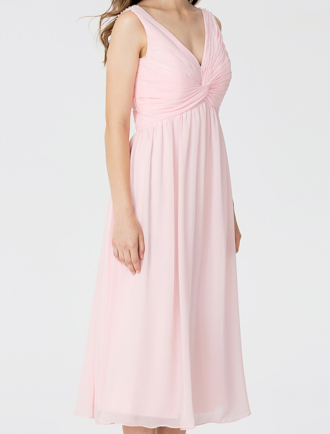 Ball Gown / A-Line V Neck Tea Length Chiffon Bridesmaid Dress with Criss Cross