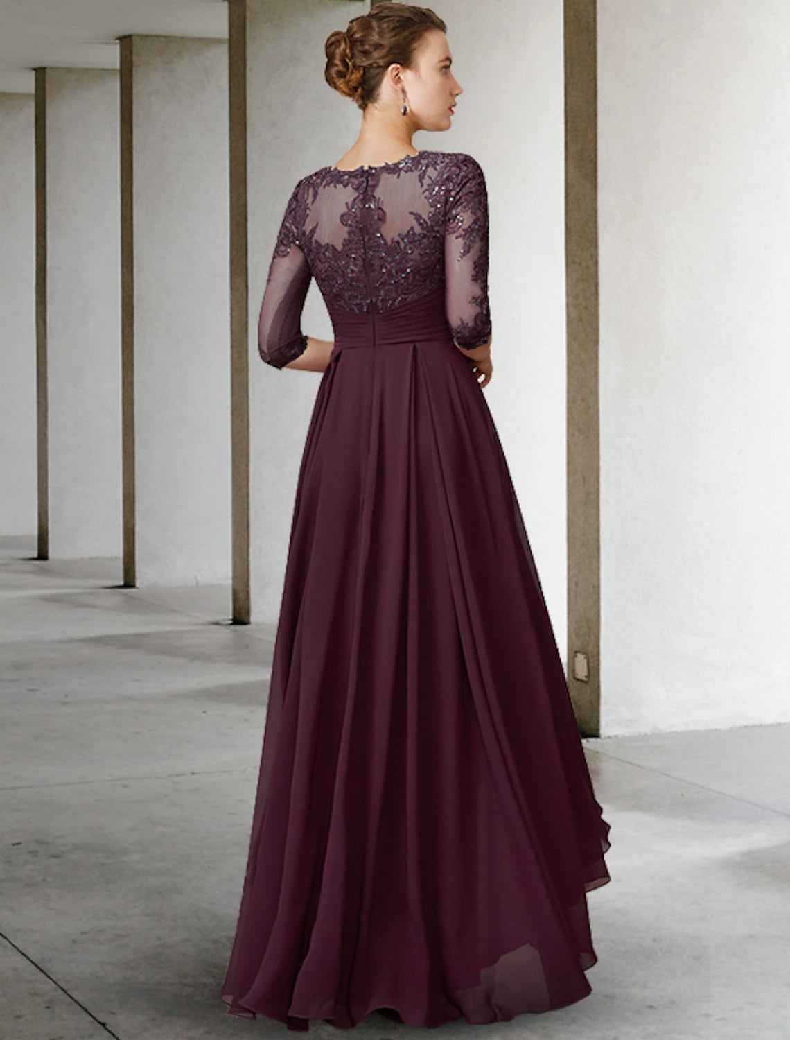 A-Line Mother of the Bride Dress Elegant High Low Jewel Neck Asymmetrical Floor Length Chiffon Lace Half Sleeve with Pleats