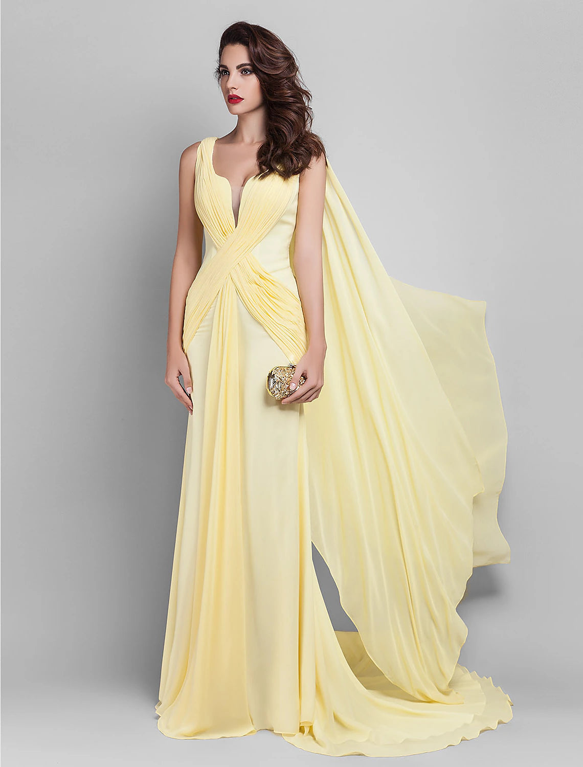Sheath / Column Elegant Dress Wedding Guest Court Train Sleeveless Plunging Neck Georgette V Back with Criss Cross Side