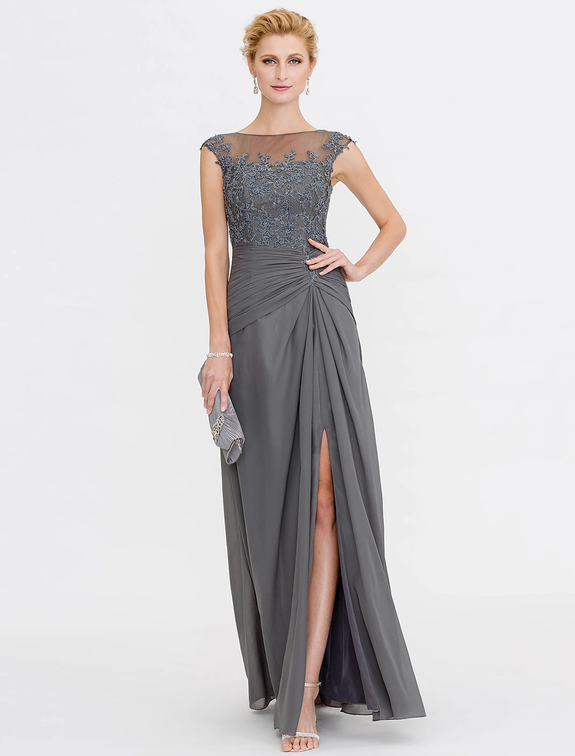 A-Line Mother of the Bride Dress Wedding Guest Elegant See Through Bateau Neck Floor Length Chiffon Lace Sleeveless