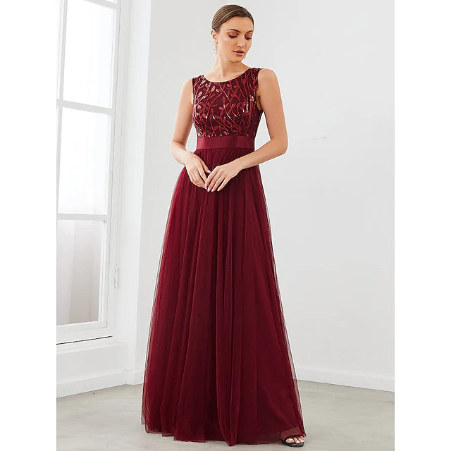 A-Line Bridesmaid Dress Jewel Neck Sleeveless Sparkle & Shine Floor Length Tulle
