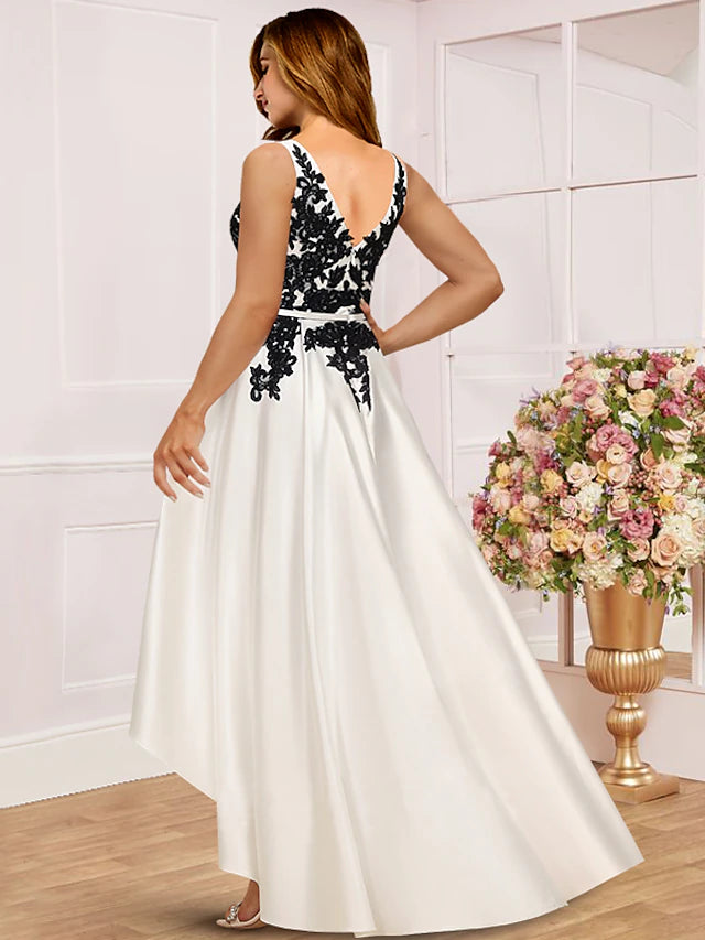 Plus Size Curve Mother of the Bride Dress Wedding Guest Party Elegant V Neck Asymmetrical Satin Lace Sleeveless